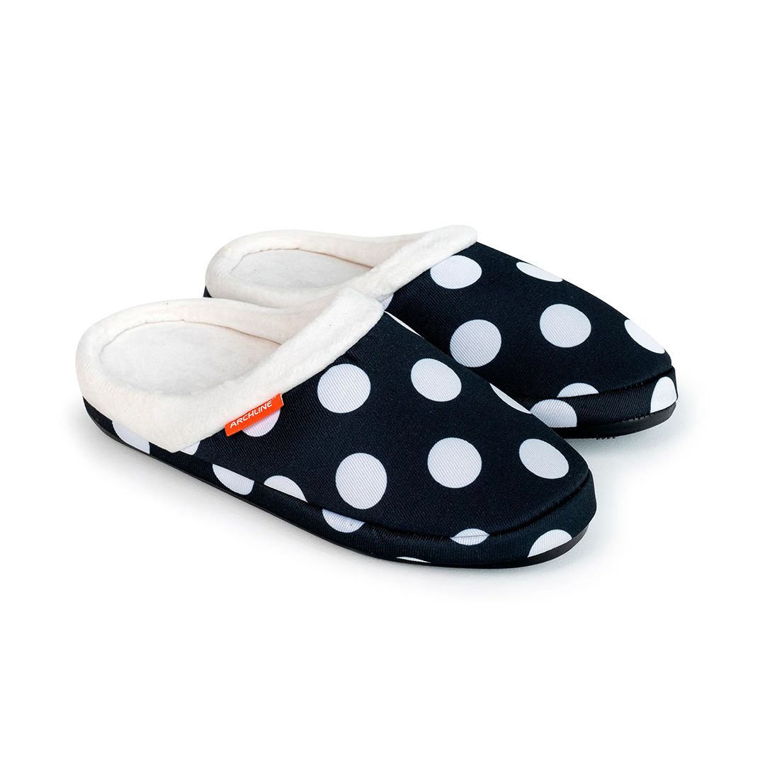 Archline Slippers - Slip On (Orthotic Slippers) Black Polkadot