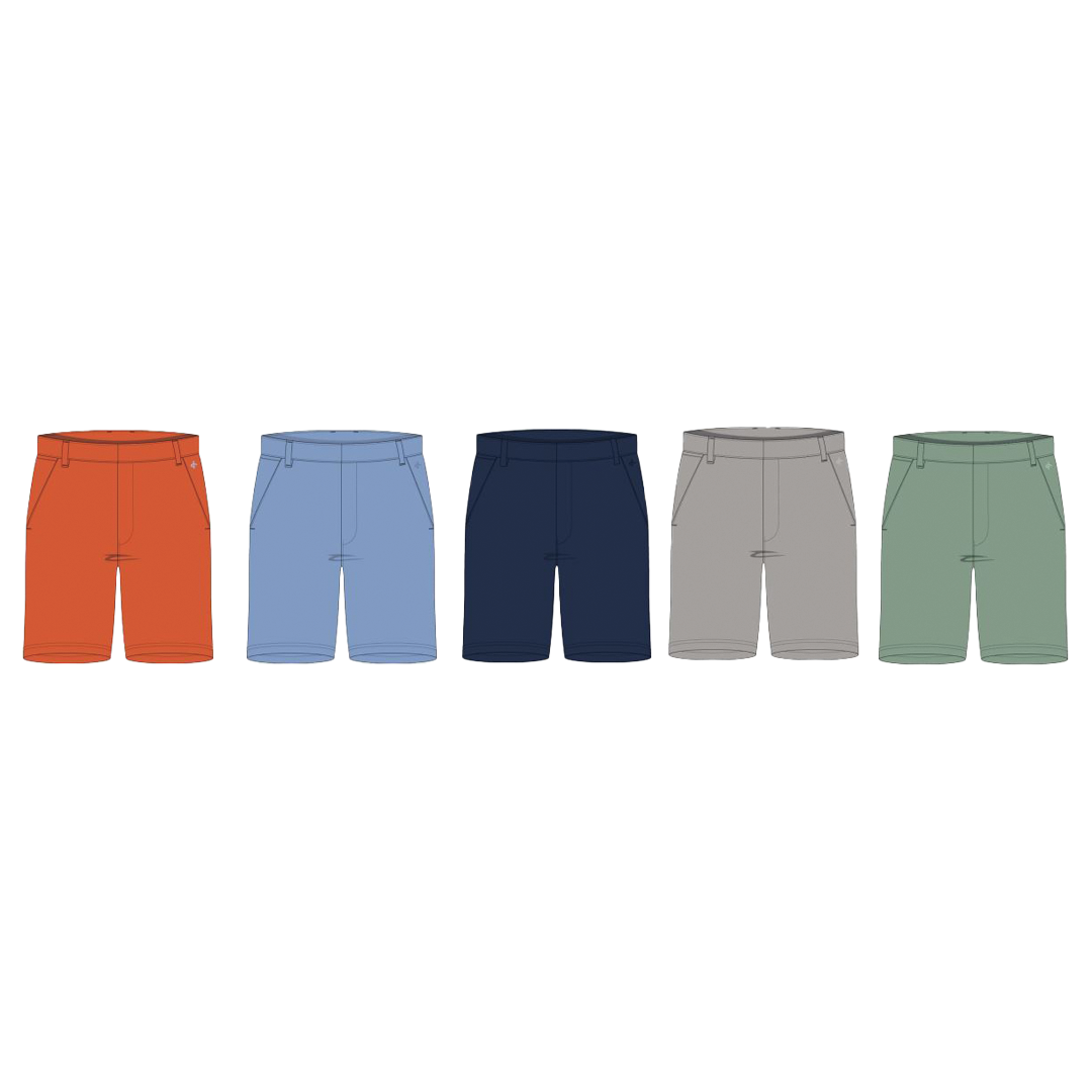 Five pairs of shorts in different colors arranged vertically on a white background.