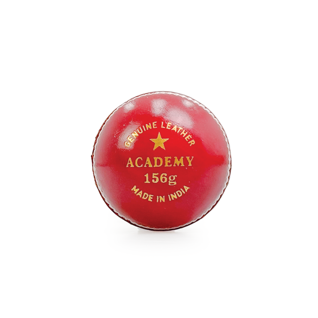 Red cricket ball with gold text on a white background