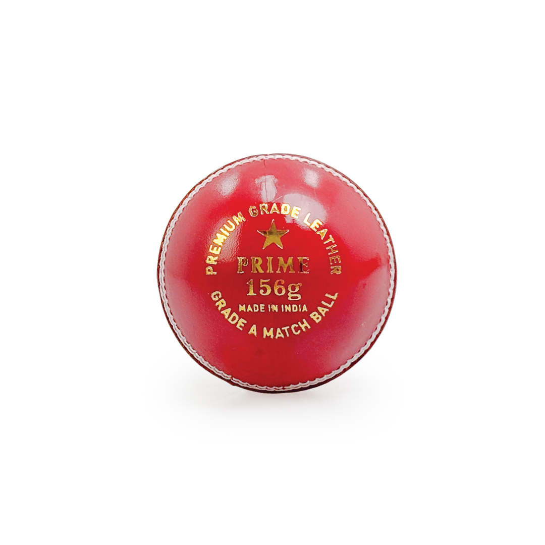 Red cricket ball with 'Prime' branding on a white background