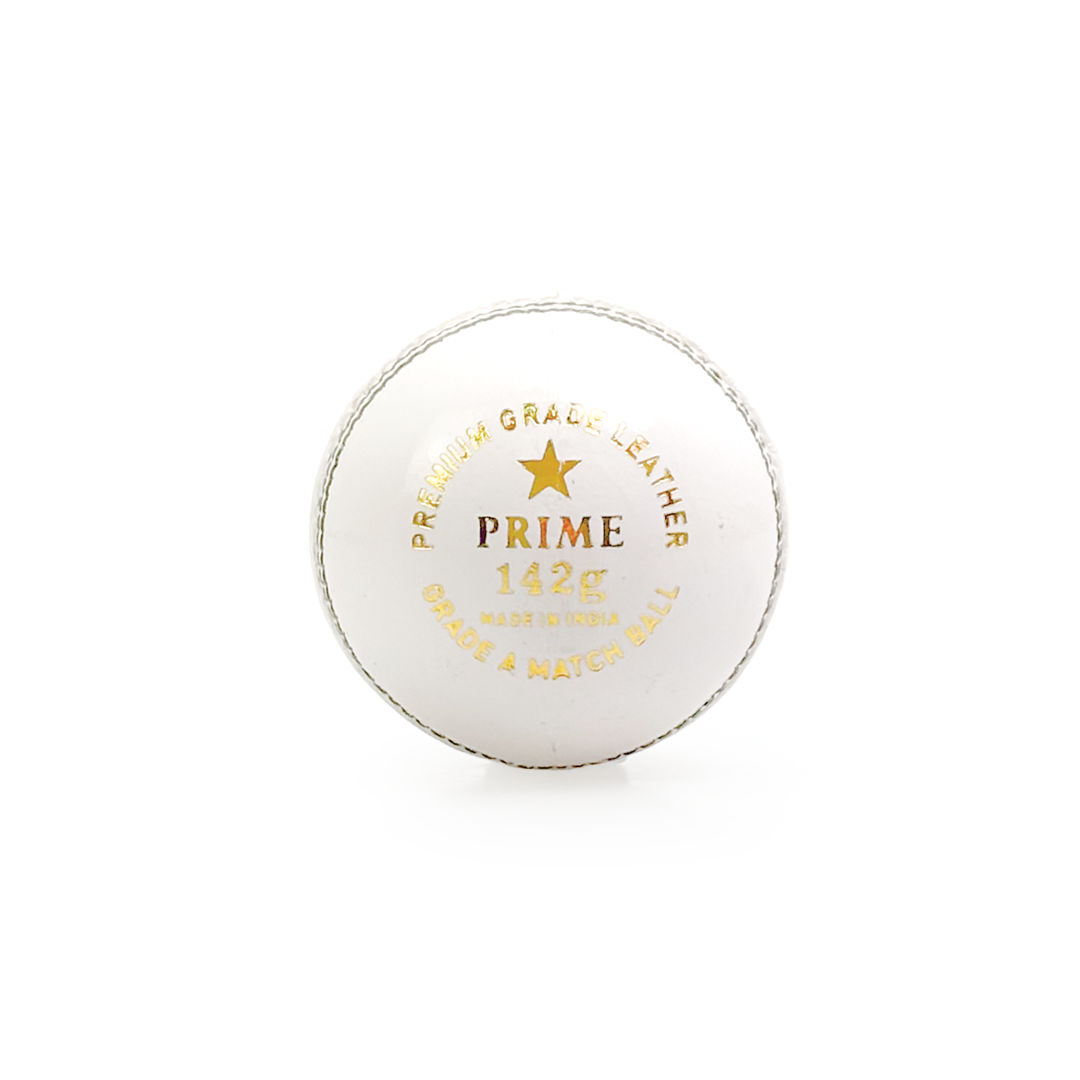 Red cricket ball with 'Prime' branding on a white background