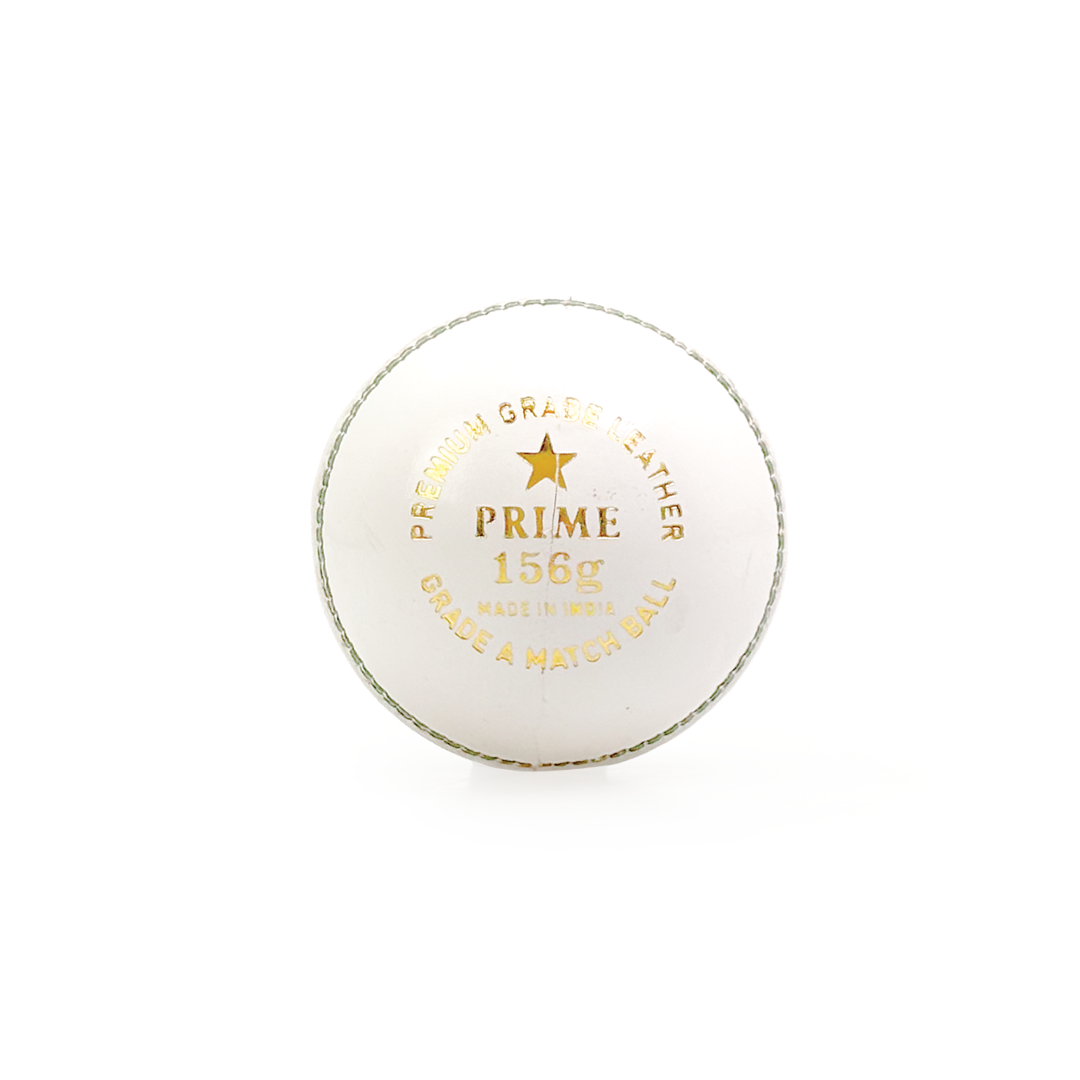 White cricket ball with gold text on a white background