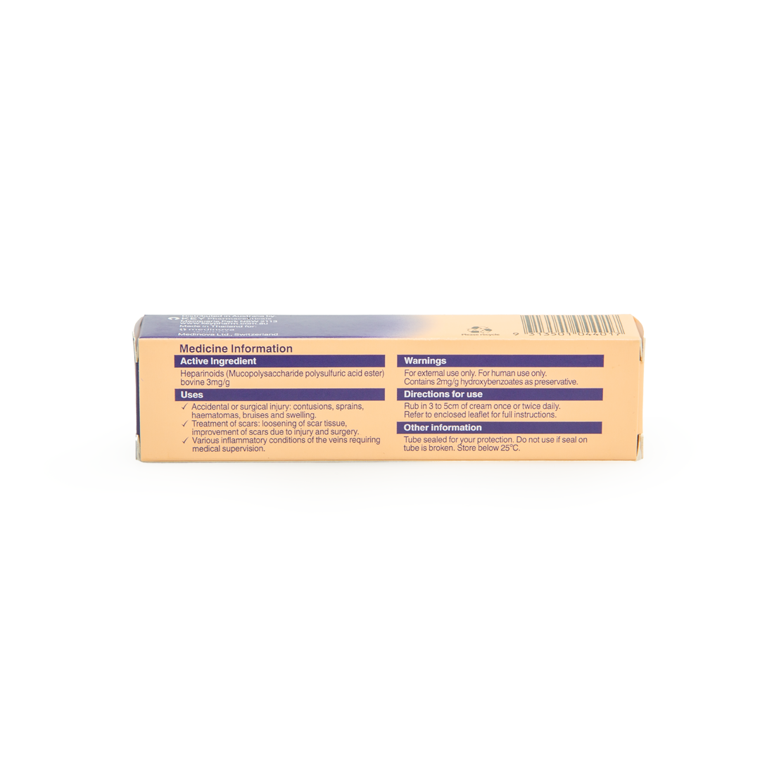 Back of hirudoid cream packaging on a white background
