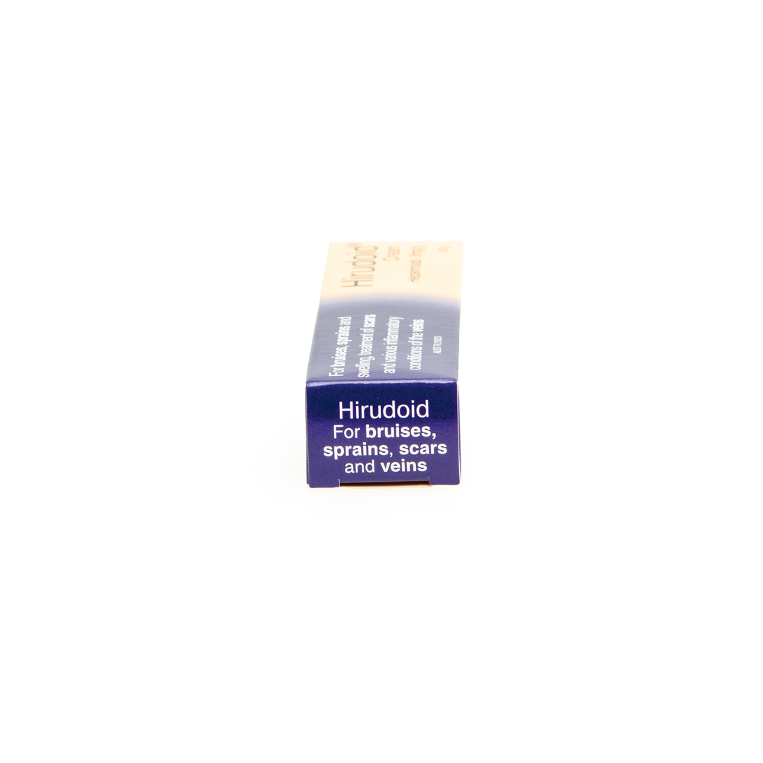 Side of hirudoid cream packaging on a white background