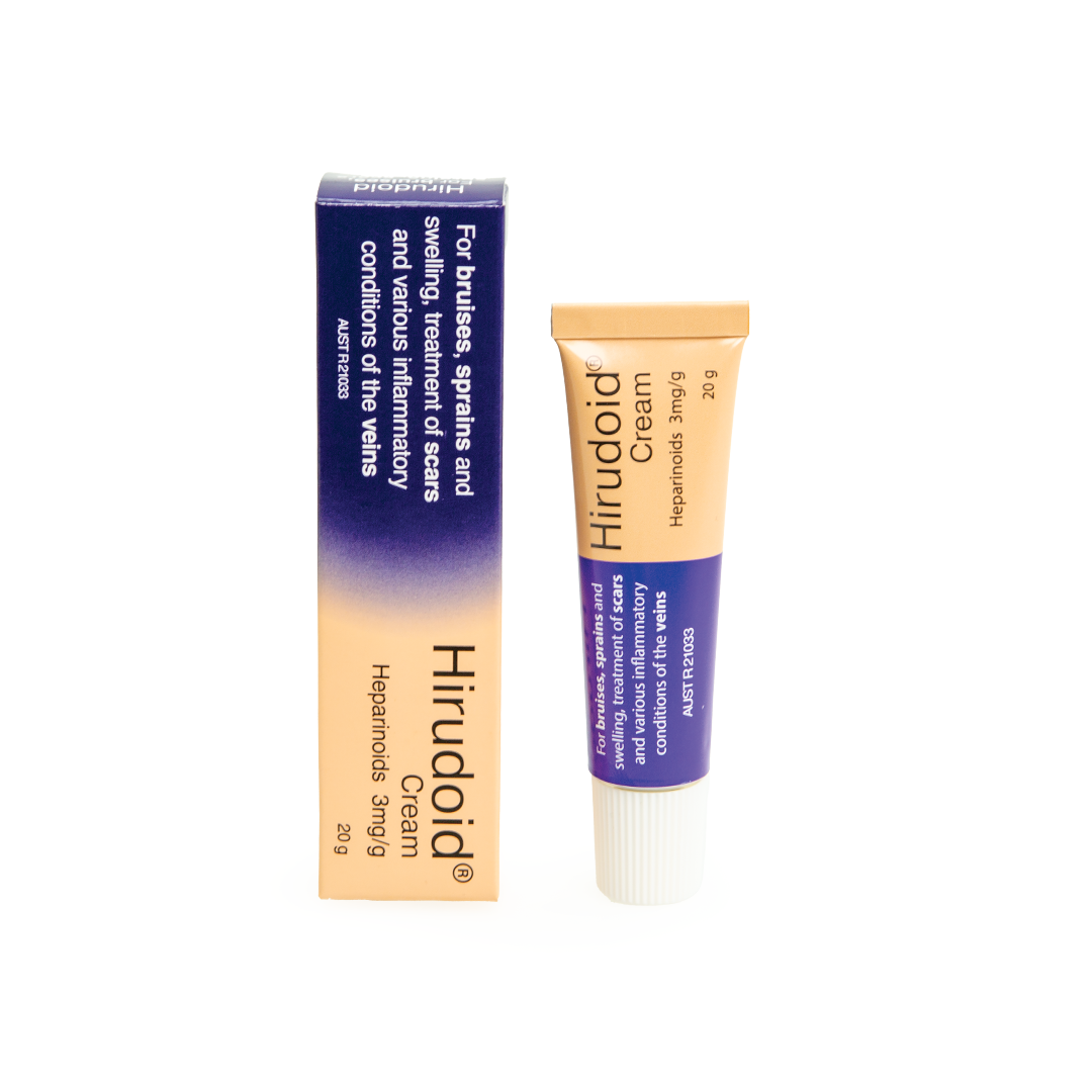 Hirudoid cream tube and packaging on a white background