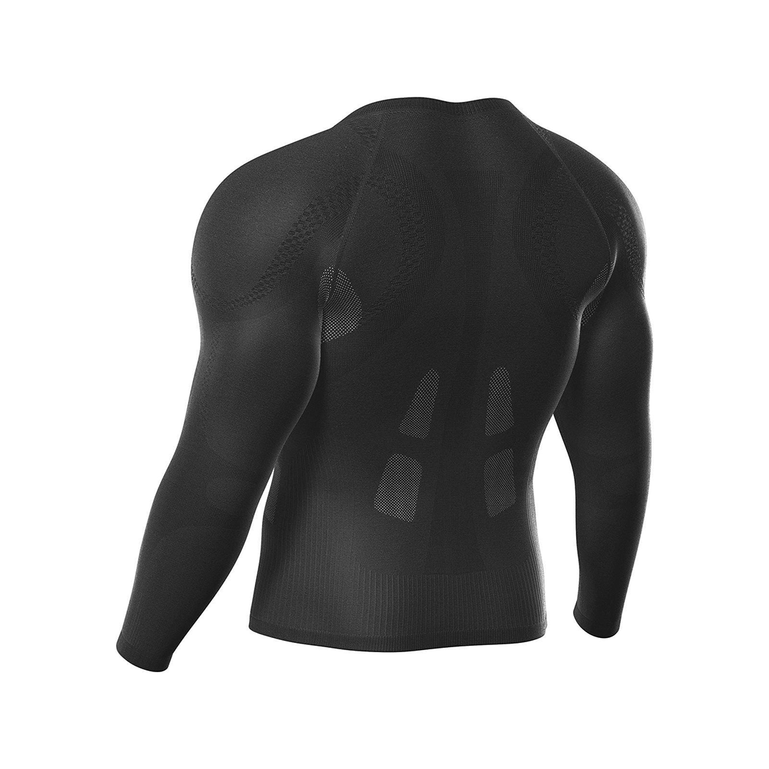Black long-sleeve compression shirt with brand logo on a white background