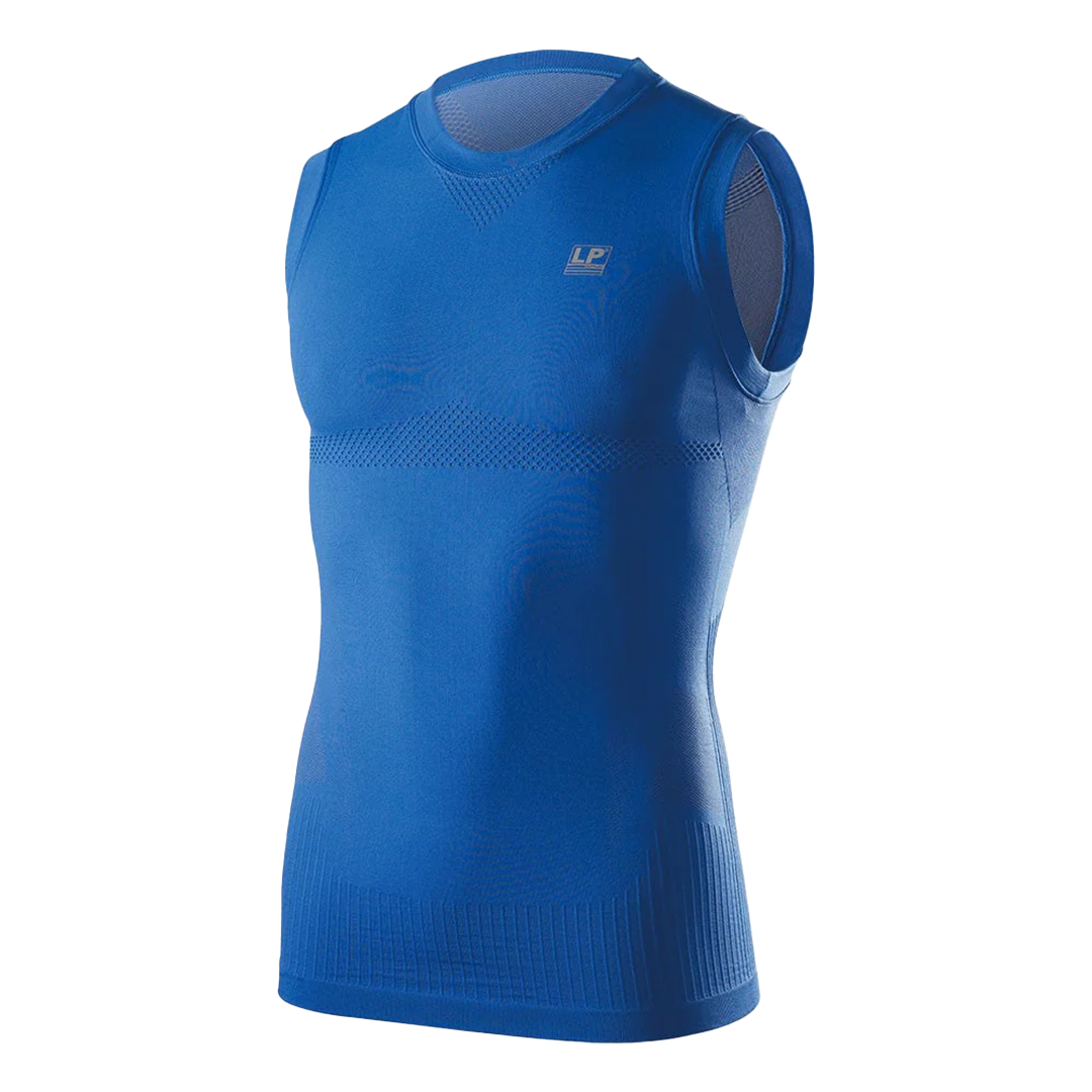 Black sleeveless compression shirt with brand logo on a white background