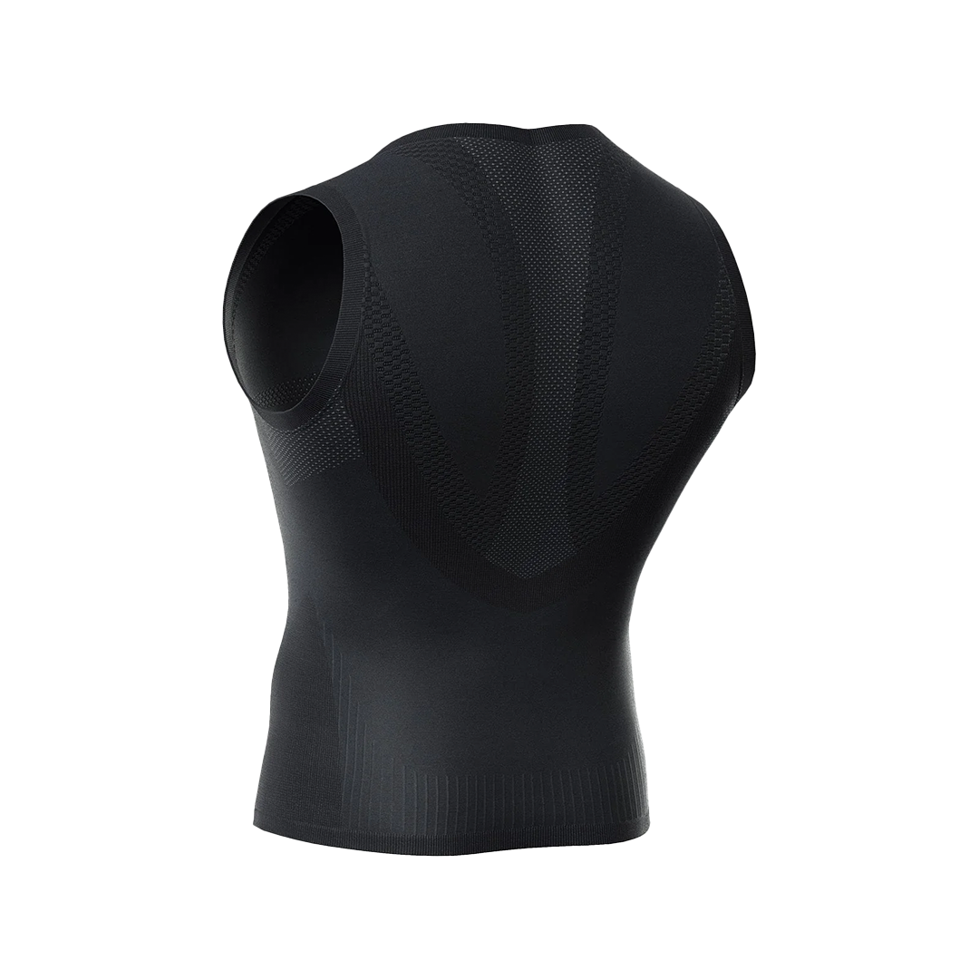 Black sleeveless compression shirt with brand logo on a white background