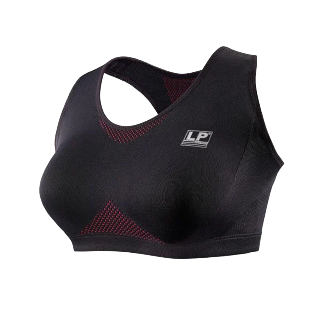 Black sports bra with red accents on a white background