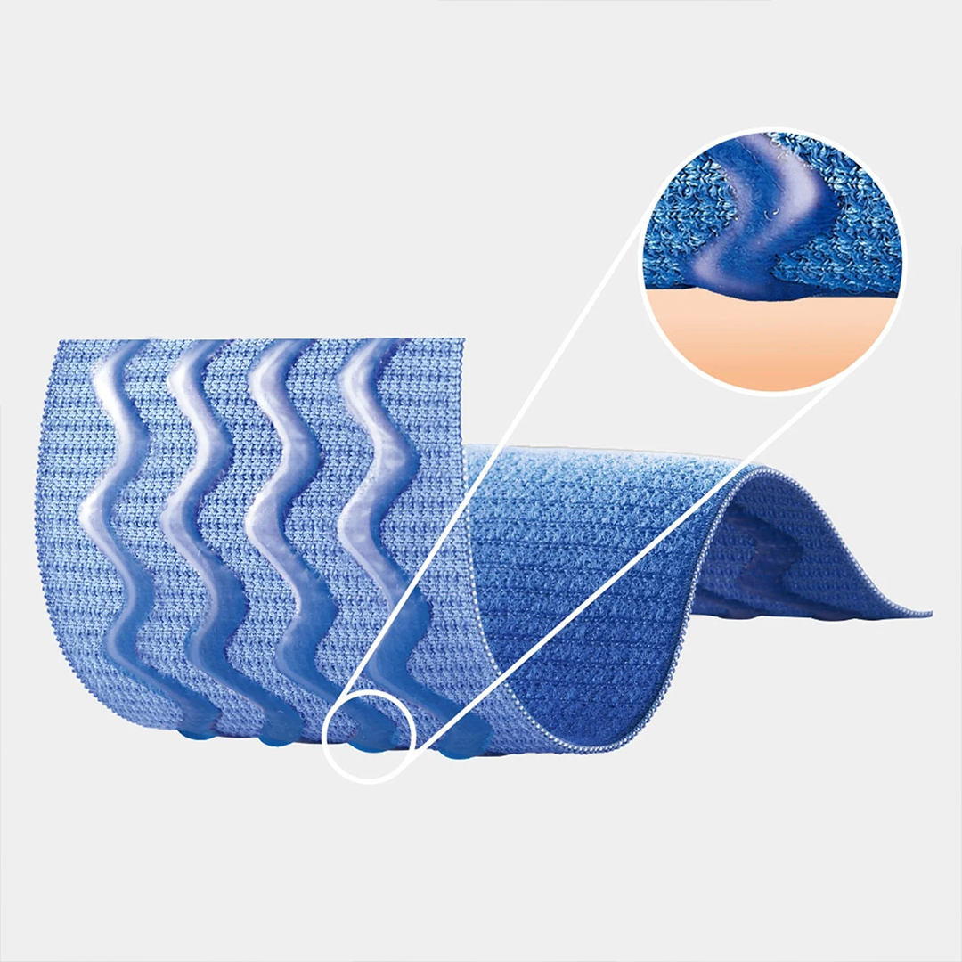 Blue textured product with close-up of texture on a light gray background