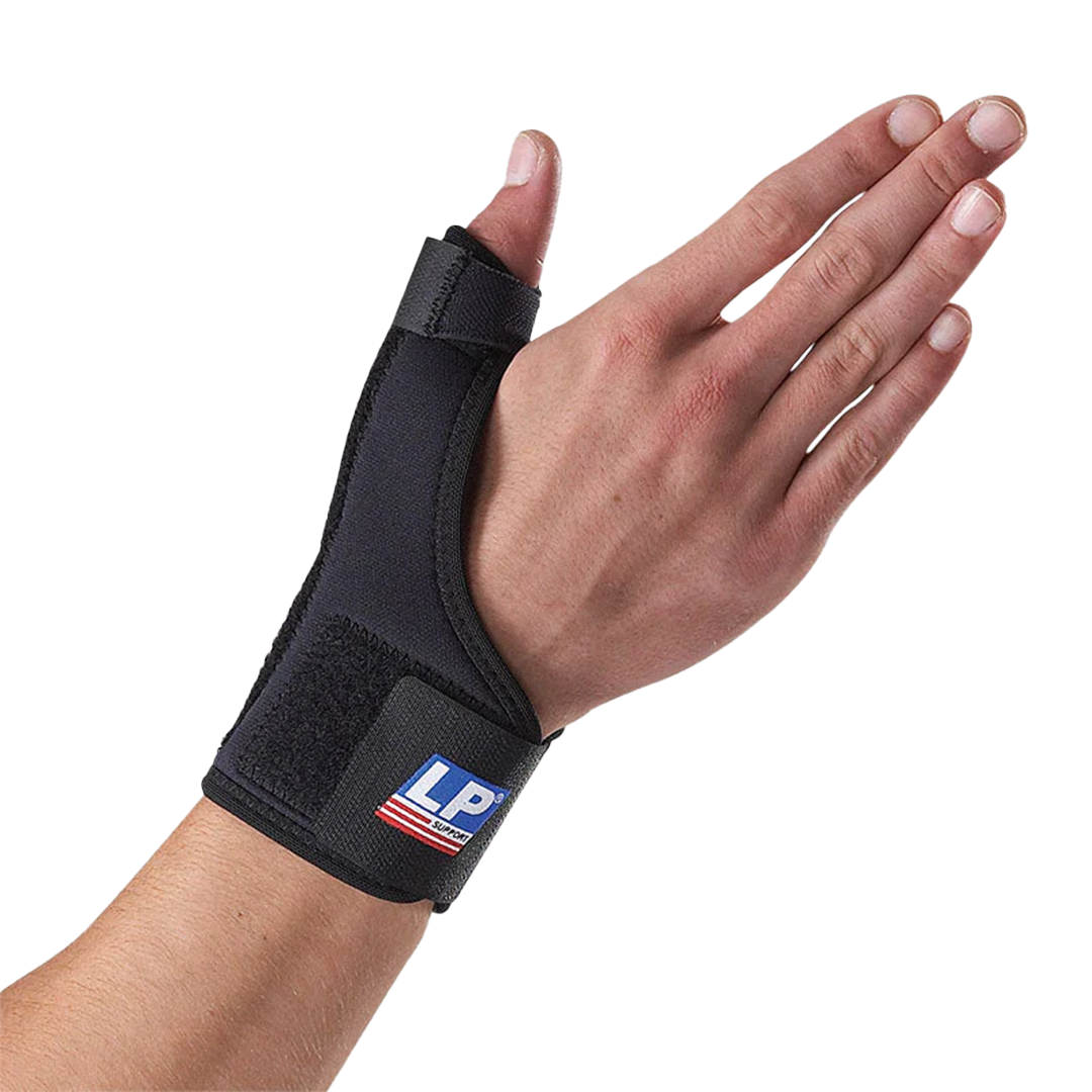 Hand wearing a black wrist support brace with LP brand logo on a white background