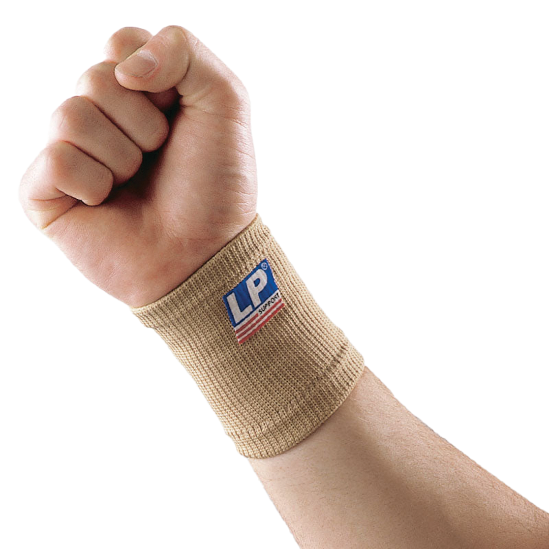 Beige wrist support brace with LP brand logo on a white background