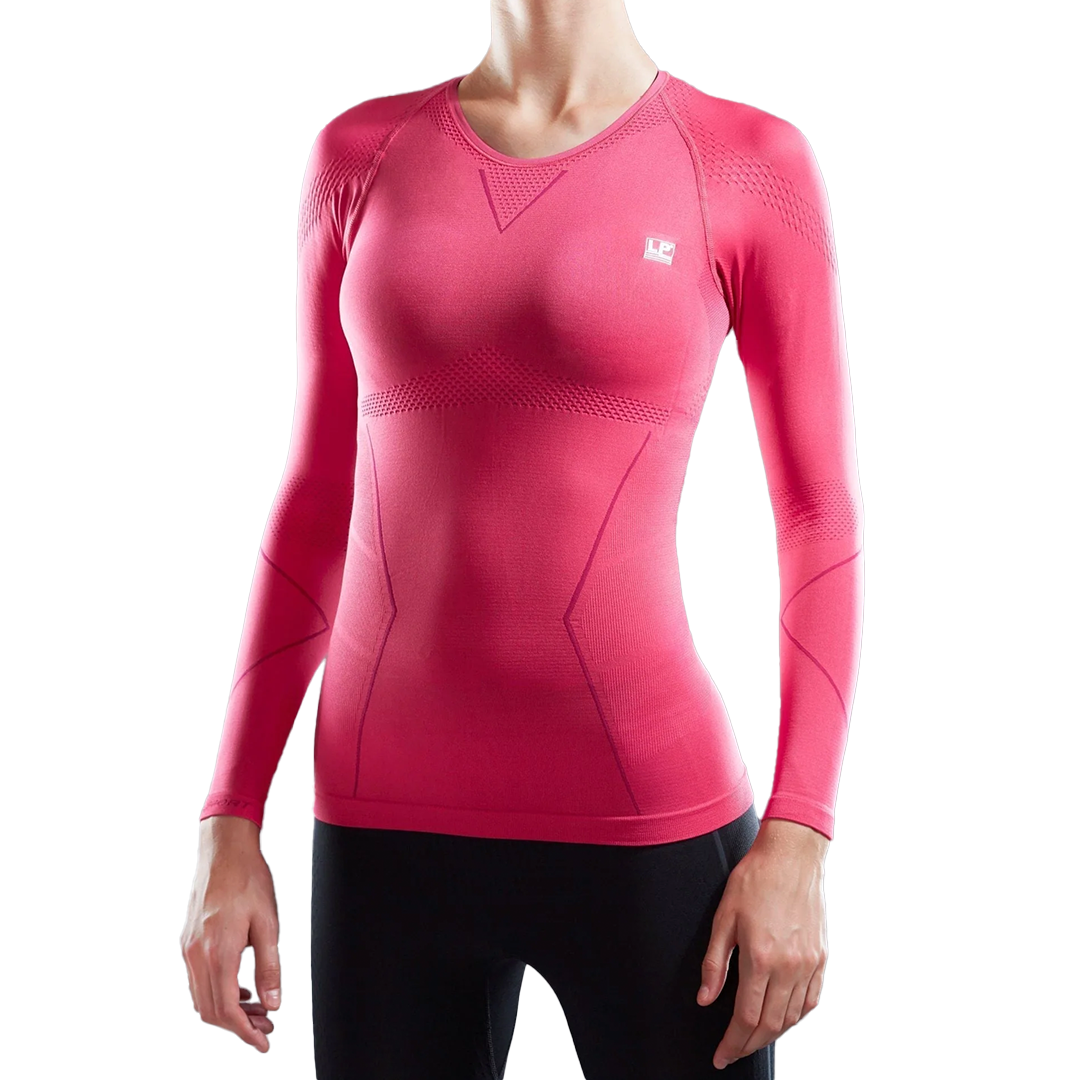 Black long-sleeve athletic shirt with red accents on a white background