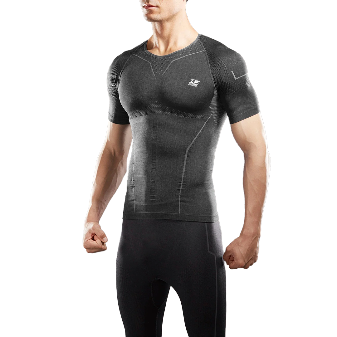 Black athletic compression shirt with brand logo on a white background