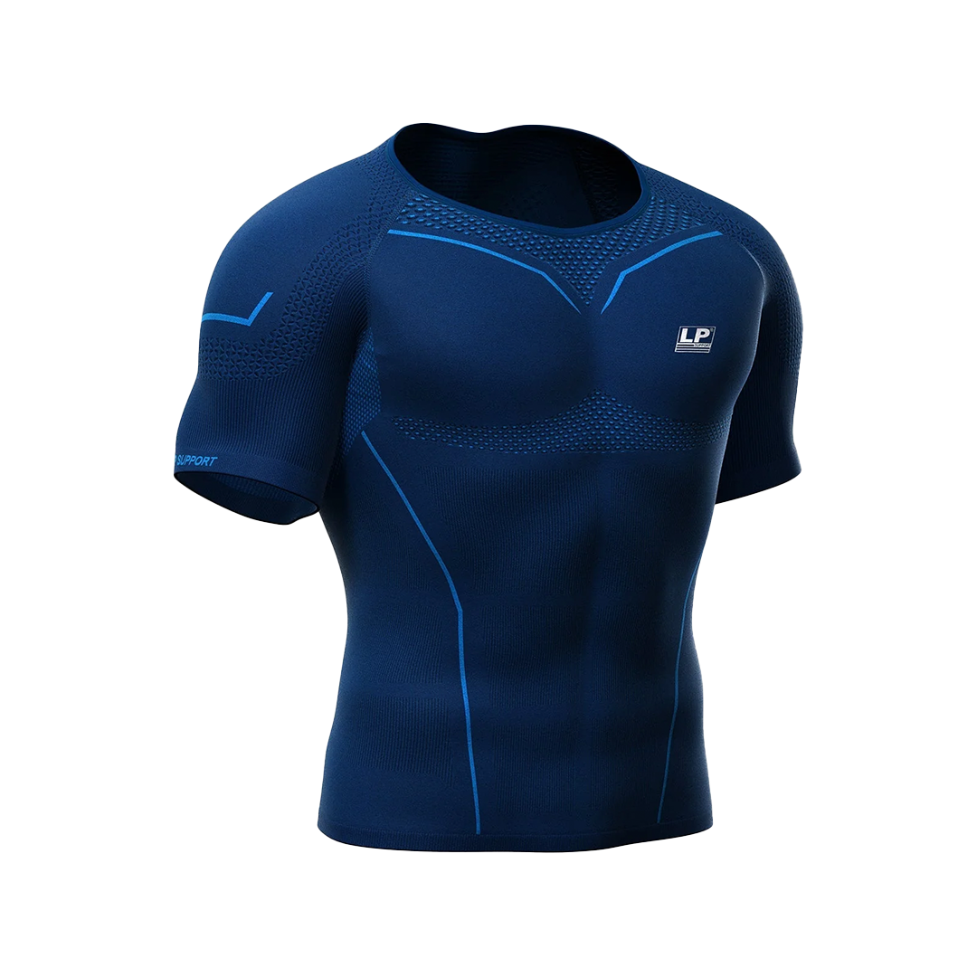 Blue athletic shirt with brand logo on a white background