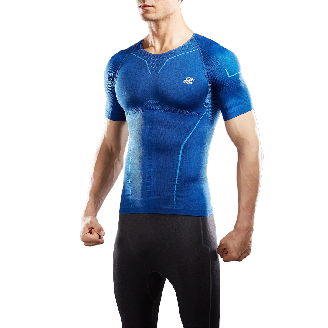 Person wearing a blue athletic shirt with a logo on a white background