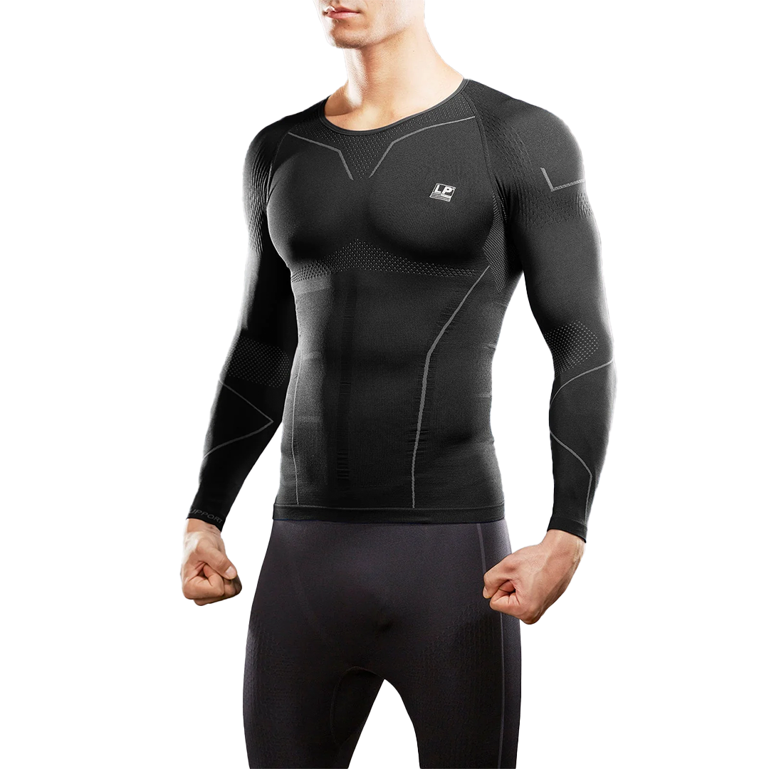 Black long-sleeve compression shirt with brand logo on a white background