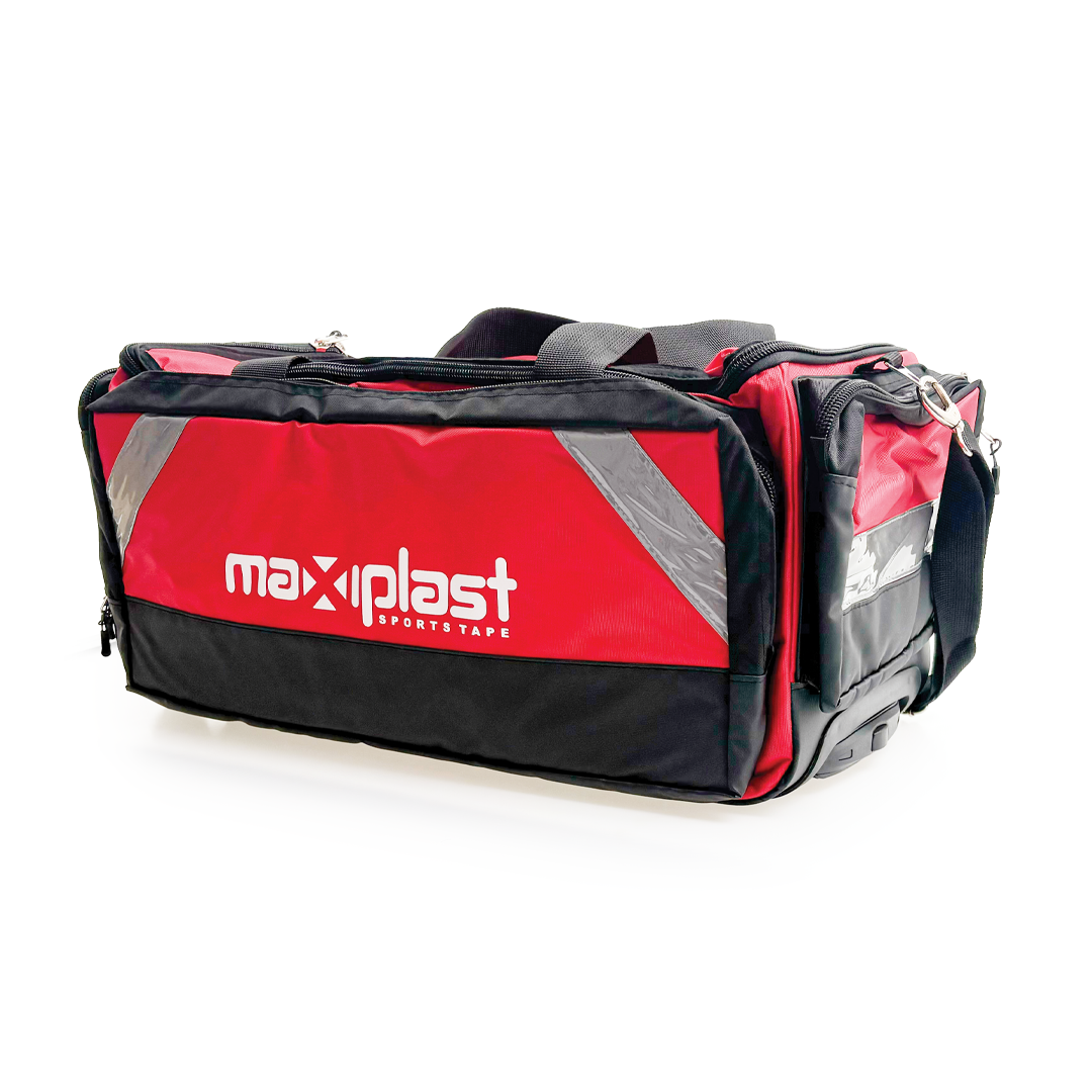 Red and black sports bag with Maxiplast branding on a white background