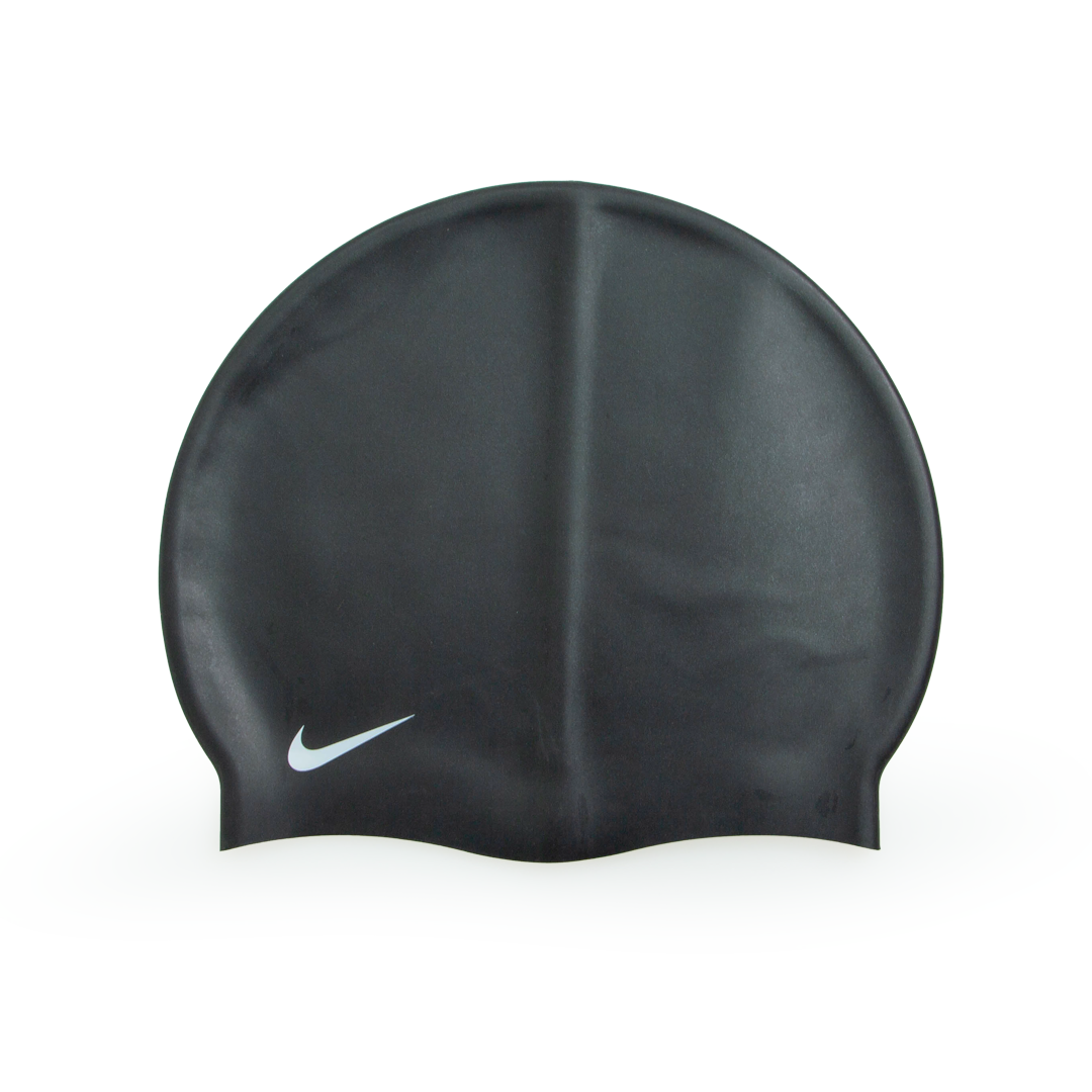 Black swim cap with a white logo on a white background