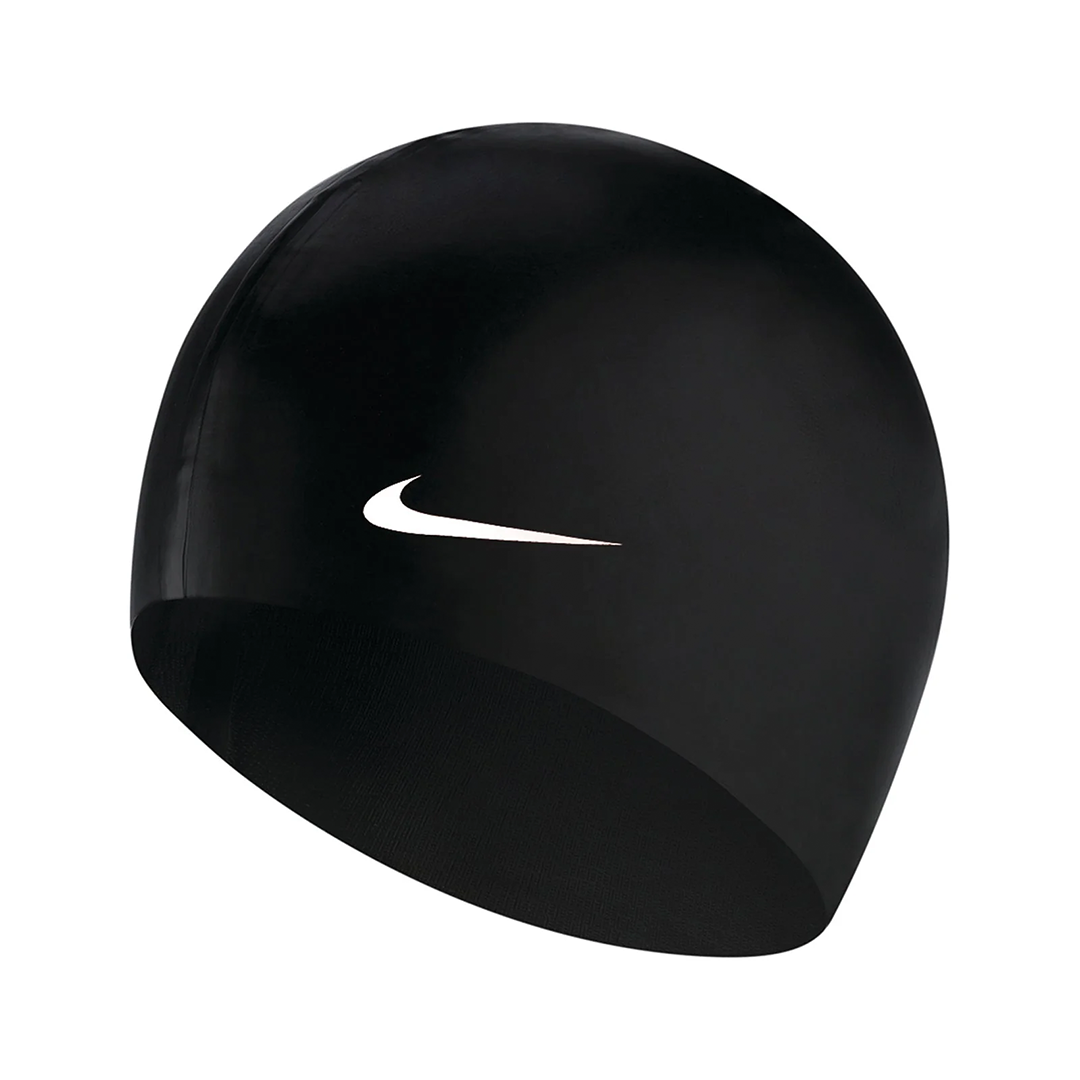 Black swim cap with a white logo on a white background