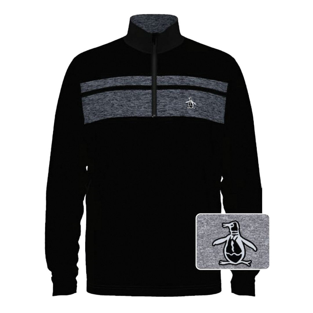 Black and gray half-zip sweatshirt with a brand logo on a white background
