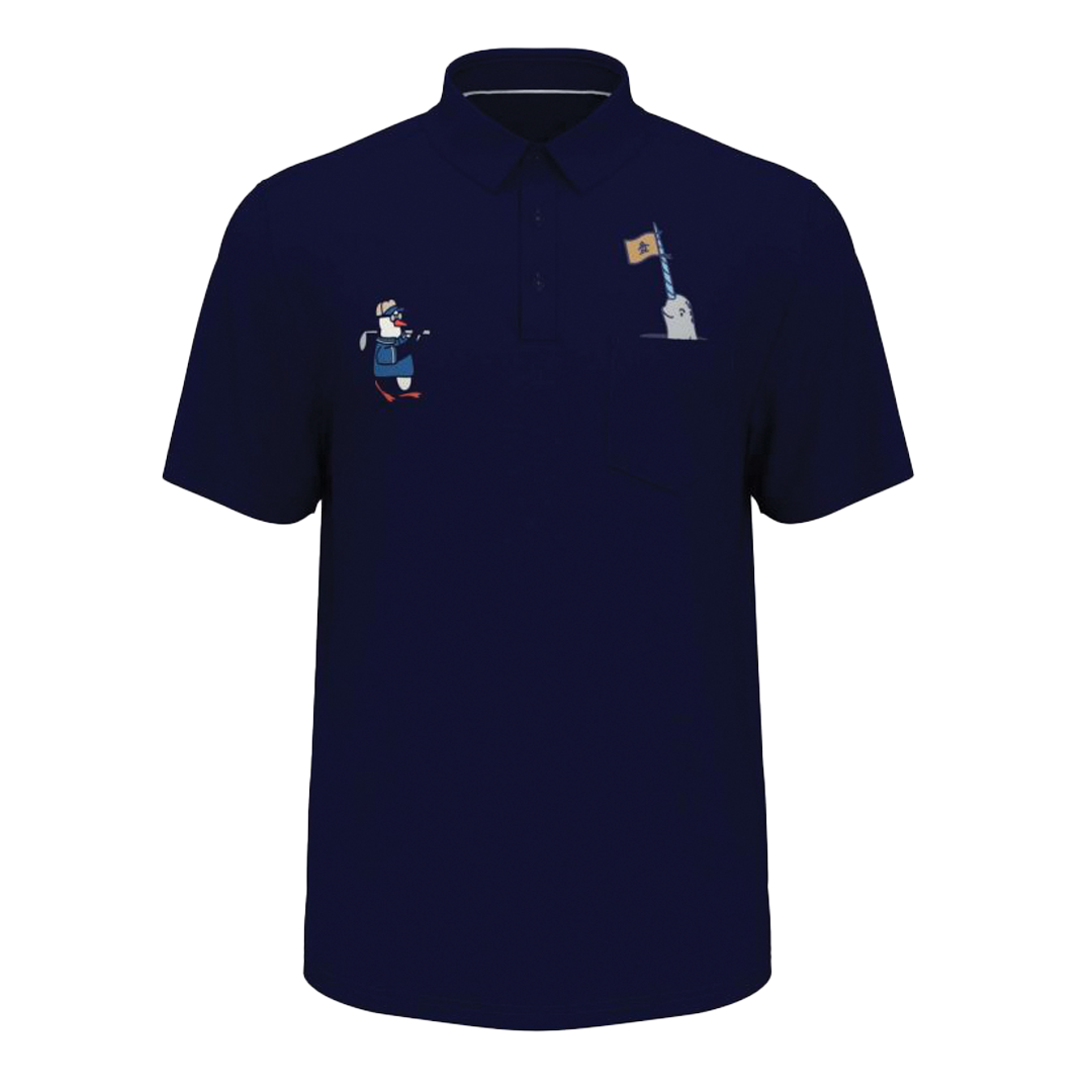 Navy blue polo shirt with embroidered designs on a white background
