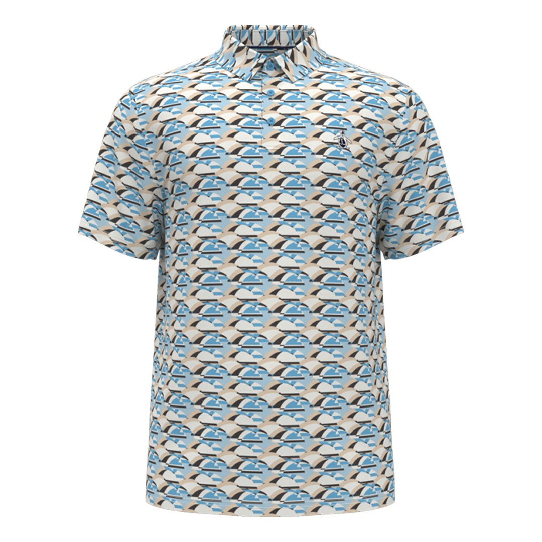 Short-sleeve shirt with blue and beige pattern on a white background