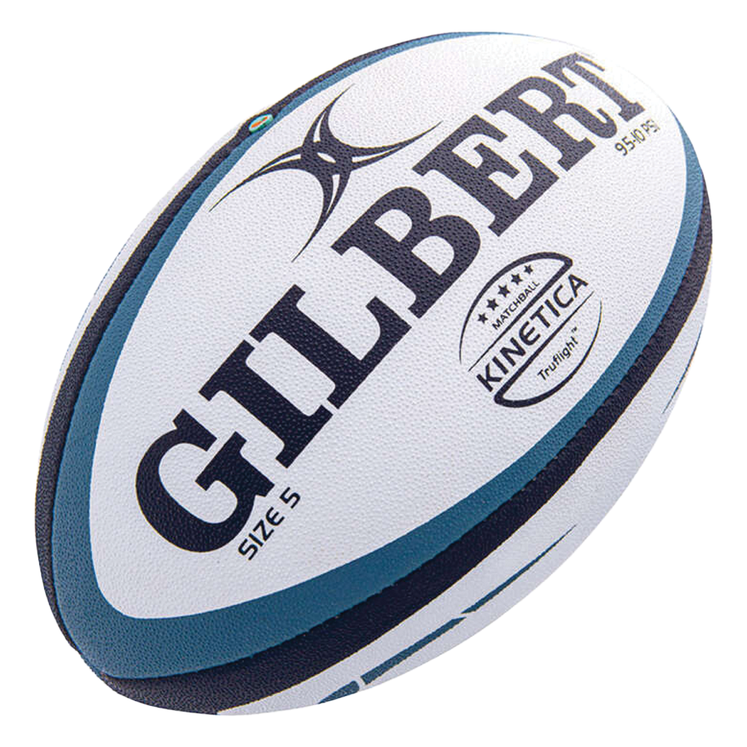 White rugby ball with blue and black accents featuring the Gilbert logo on a white background