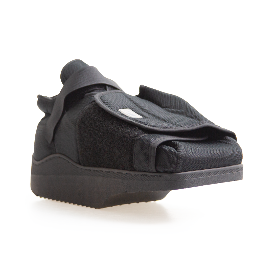 Black shoe with unique design on a white background