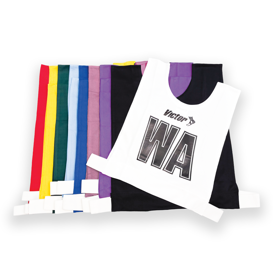 Colorful bibs with a white bib featuring 'Victor WA' on a white background