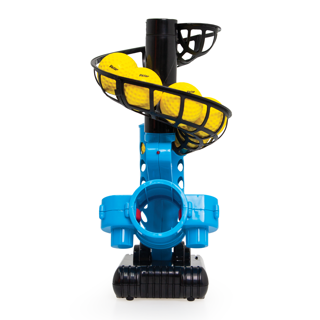 Blue pitching machine with yellow balls on a white background