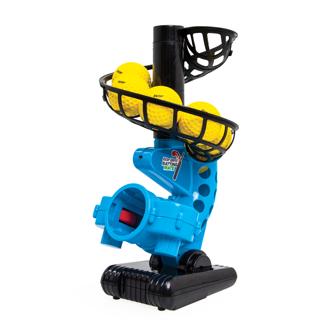 Blue pitching machine with yellow balls on a white background