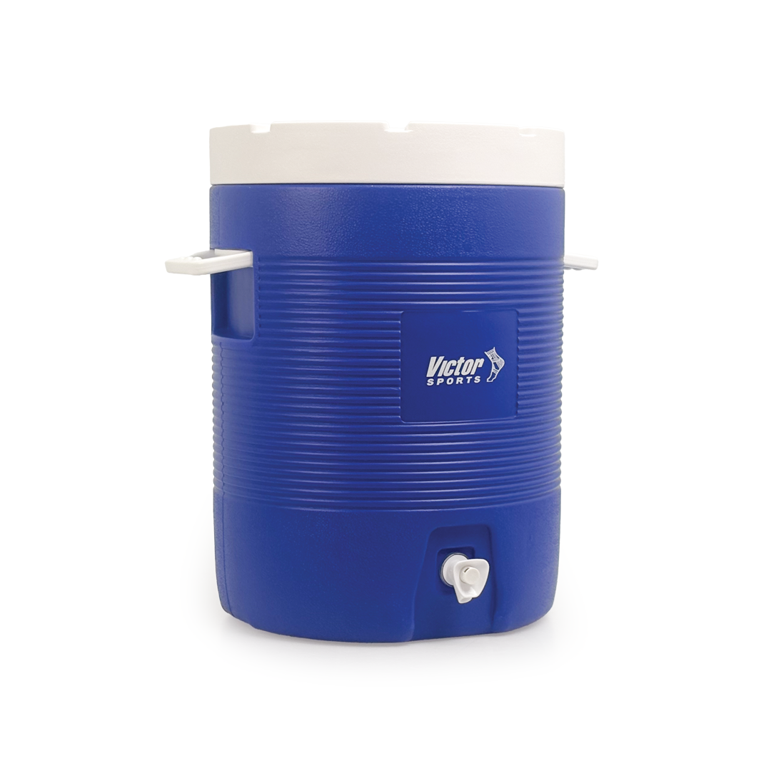 Blue cooler with white lid on a white background