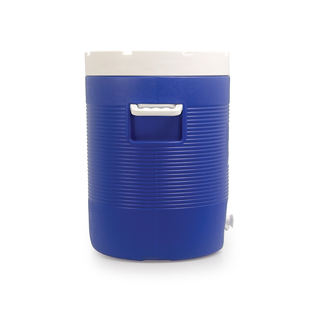 Blue and white container on a white background