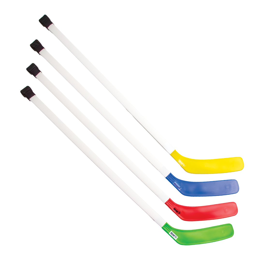 Set of four hockey sticks with colorful blades on a white background