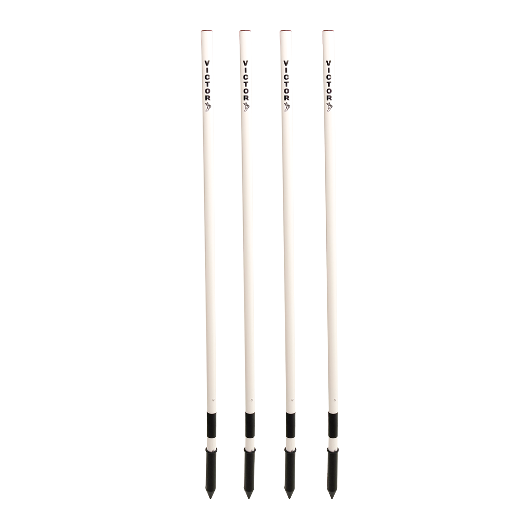 Four white archery bows with black nocks on a white background
