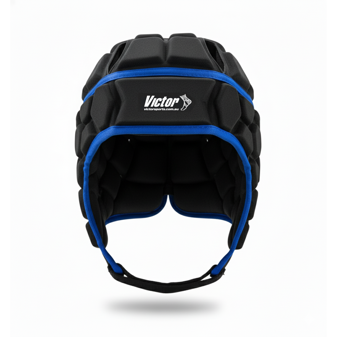 Black and blue protective helmet with 'Victor' branding on a white background