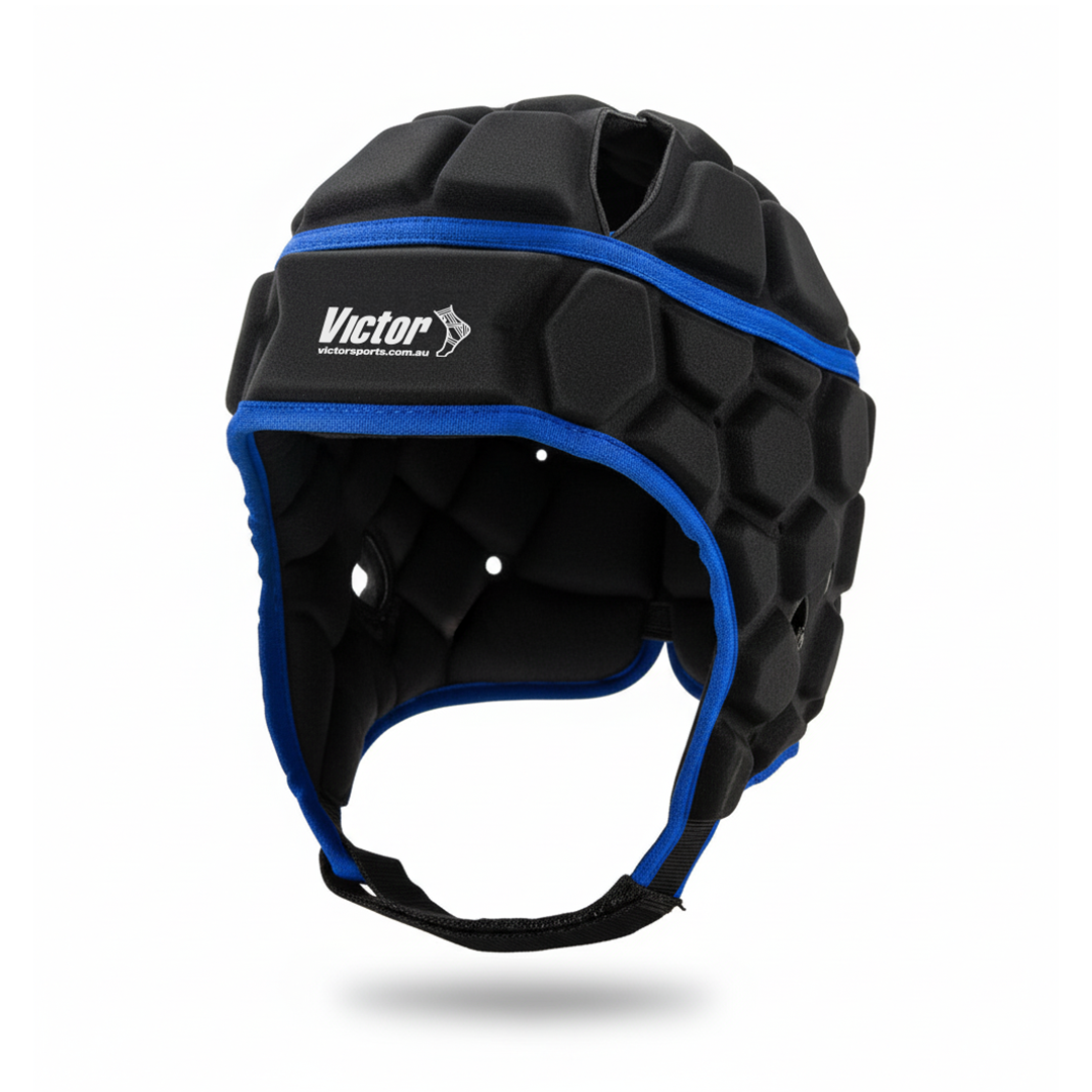 Black and blue protective helmet with 'Victor' branding on a white background