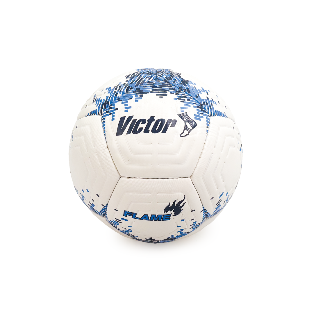 White soccer ball with blue patterns and 'Victor' branding on a white background