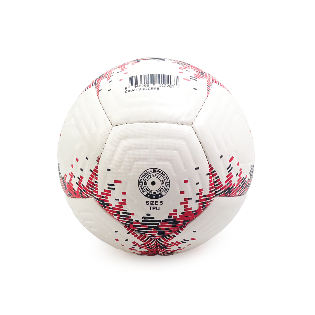 White soccer ball with red and black patterns on a white background
