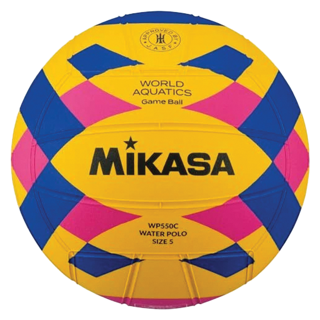 Colorful water polo ball with Mikasa branding on a white background