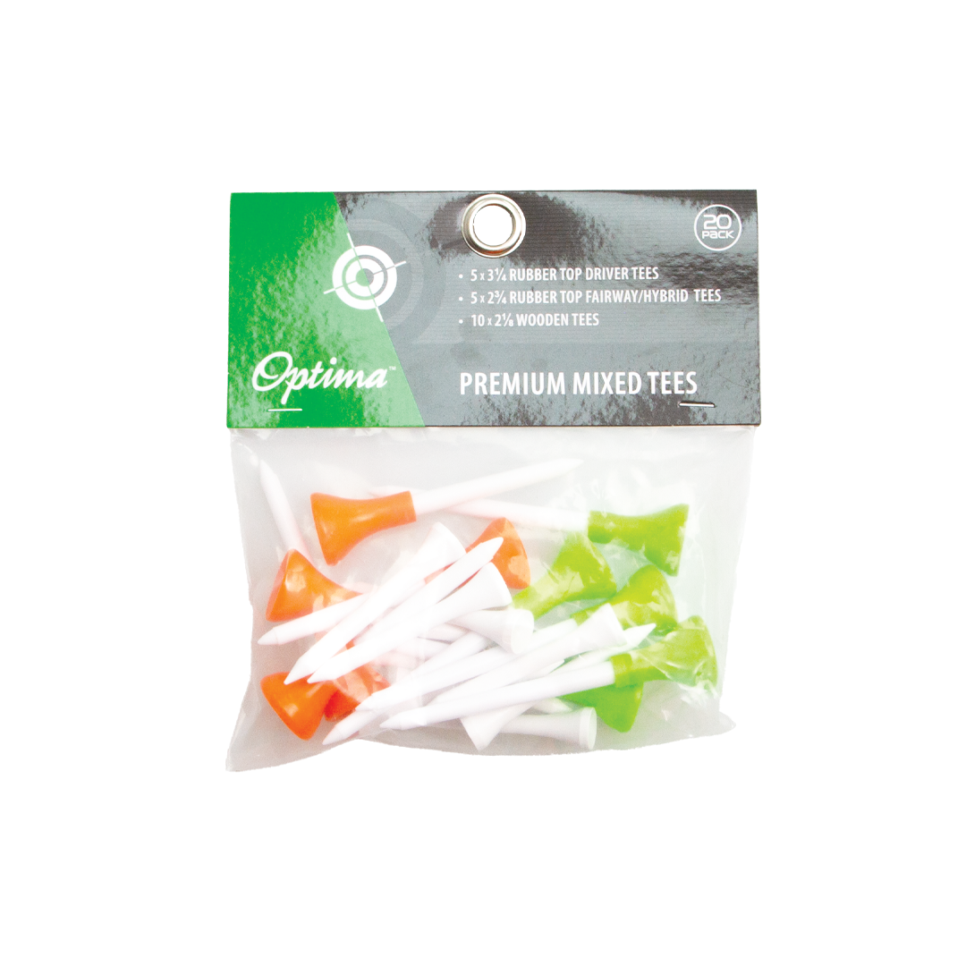 Pack of Optima premium mixed golf tees with a clear front view showing the tees inside.