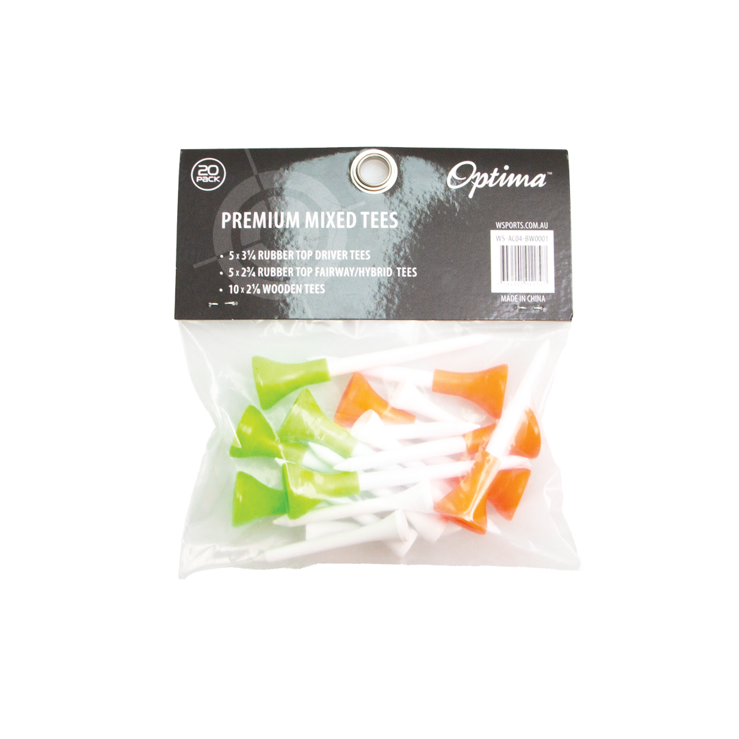 Packaged Optima premium mixed golf tees with a clear front on a white background