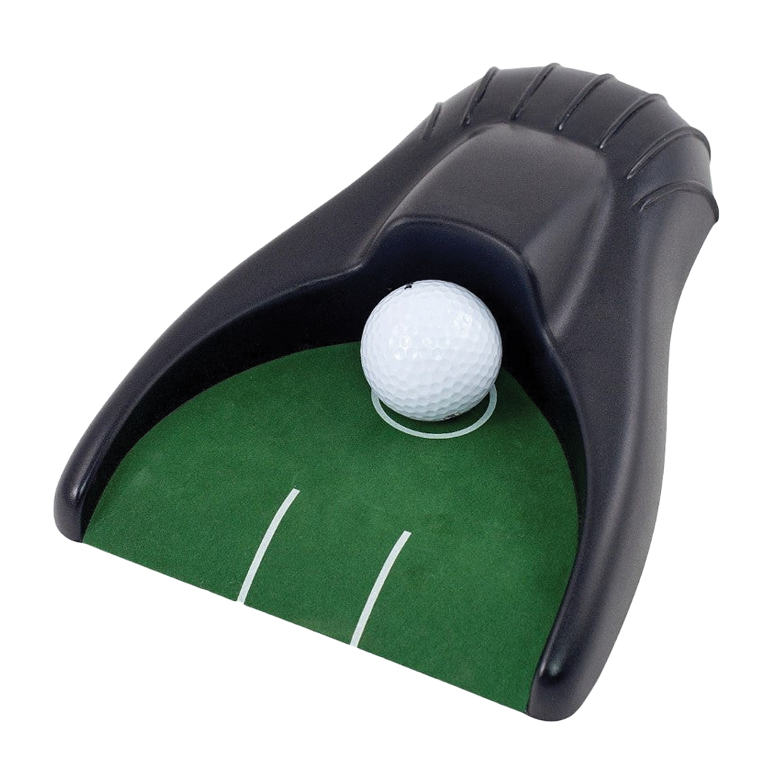 Golf practice device with a golf ball on a white background