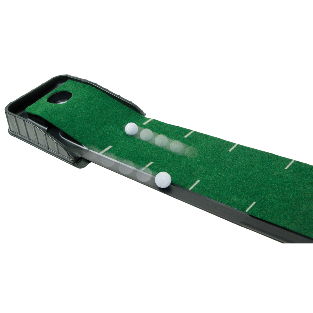 Portable mini golf putting green with three white balls on a white background