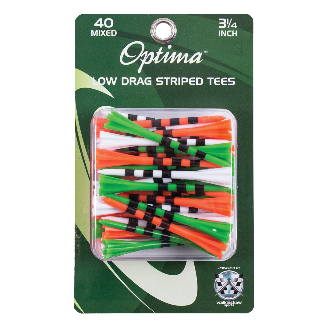 Pack of Optima low drag striped tees with colorful design on a green background