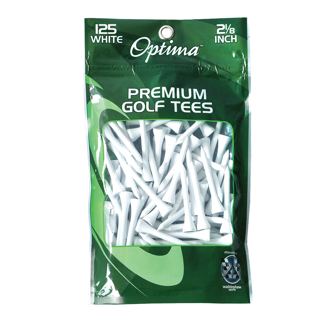 Pack of Optima premium golf tees with green packaging on a white background
