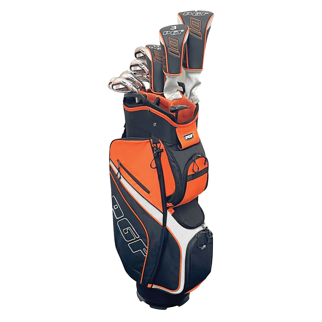 Orange and black golf bag with golf clubs on a white background