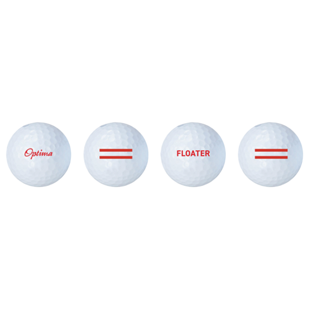 Four golf balls with different labels on a white background