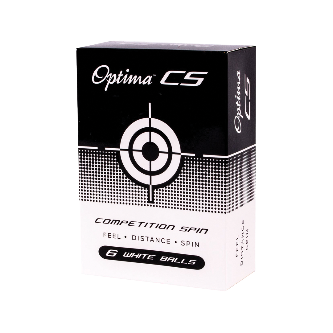 Box of Optima CS golf balls with black and white design on a white background